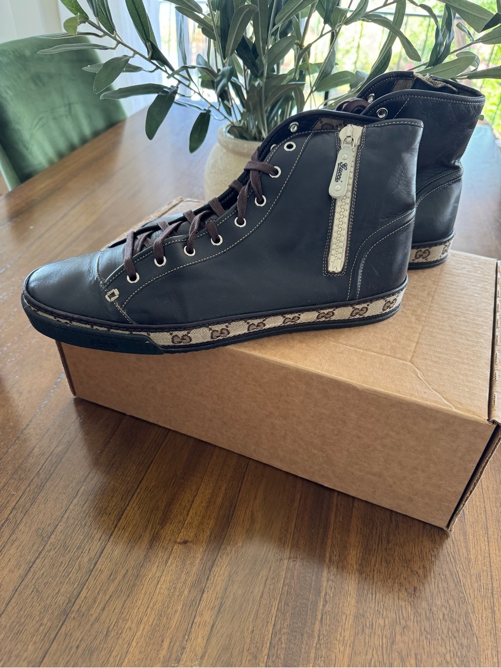Gucci Brown Leather Men's High-Top Sneakers with GG Canvas Trim